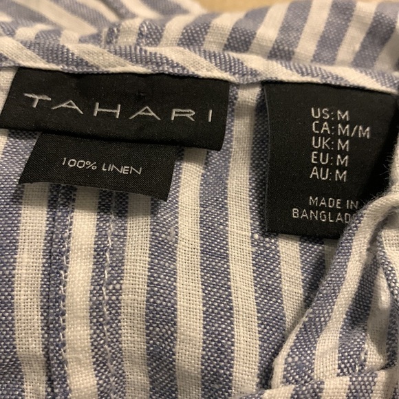 Tahari Blue Stripe Button Front Linen Shirt Hooded M nautical Lagenlook beach - Picture 3 of 10